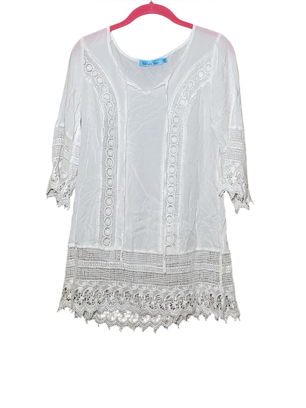Solitaire Swim Lace Trimmed Swim Cover-Up 3/4 Sleeve Tie -Neck White M